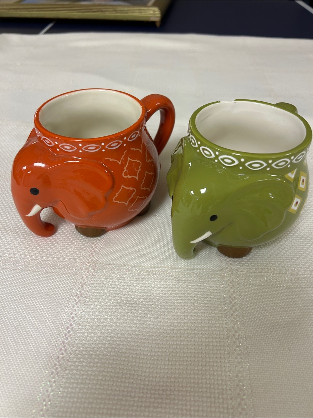 Ceramic Elephant planters or mugs — Orange & Olive Green Set